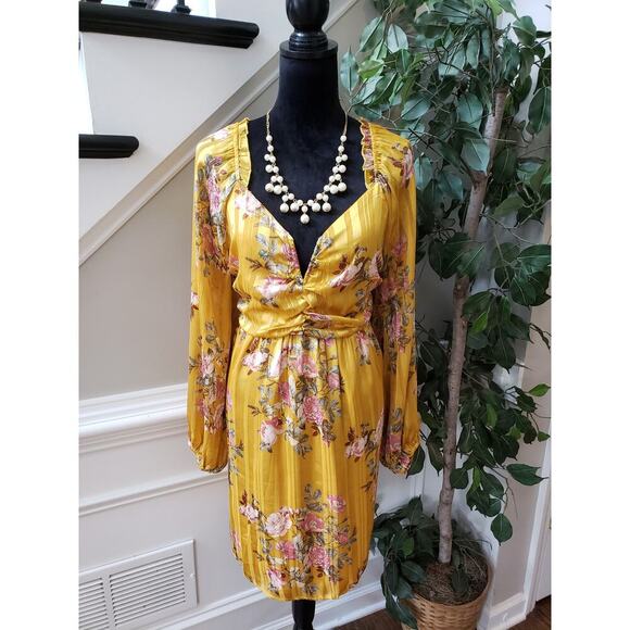 Forever 21 Sheath Dress Womens OX Yellow Floral Keyhole Back Bow Sweetheart Neck - Picture 1 of 14